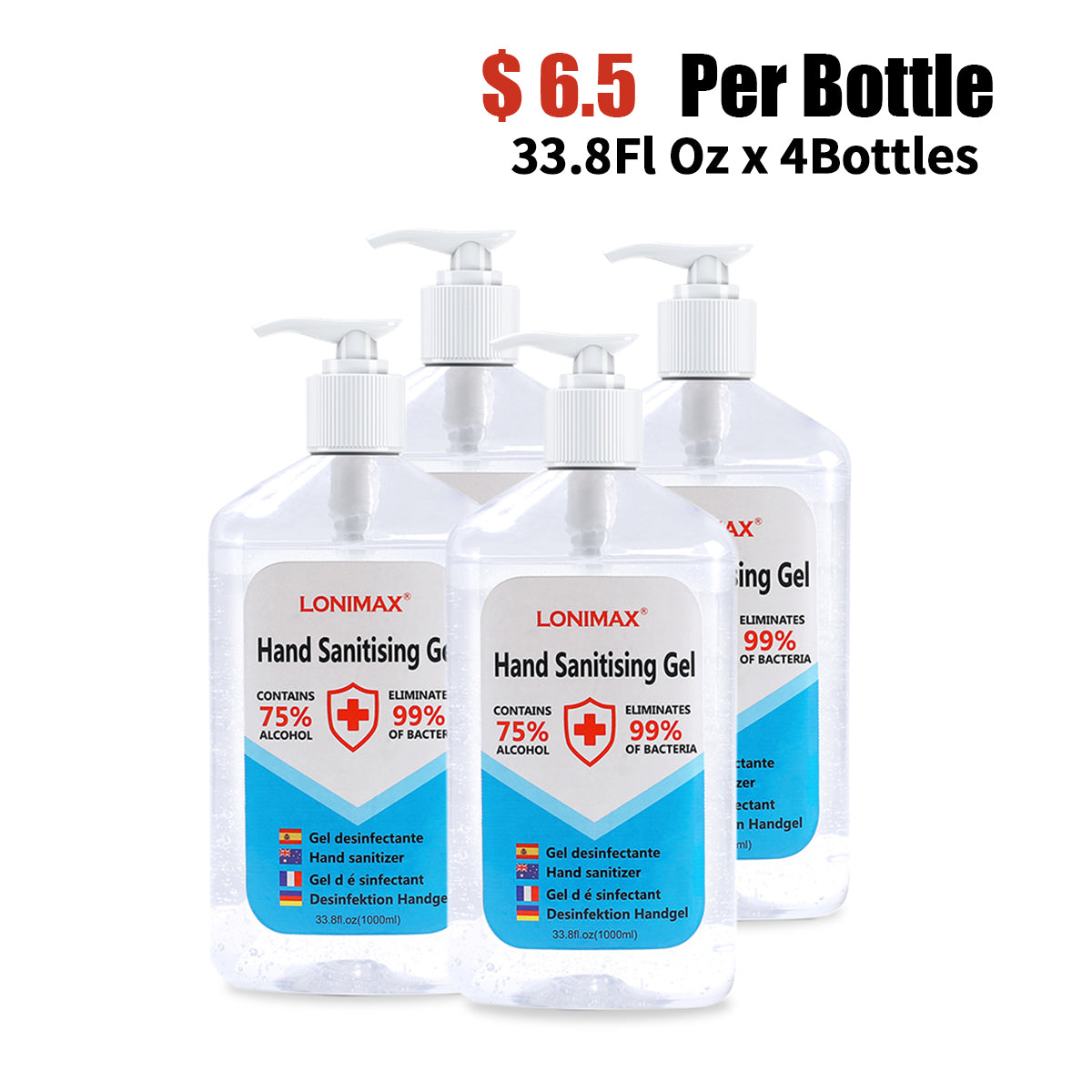 33.8 Fl Oz, Bottle of 4  Gel Hand Sanitizer with Aloe Vera Disinfectant Alcohol Liquid 75%