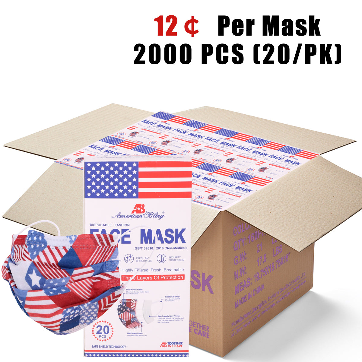 2000Pcs  American Bling 20PCS/Box  American Flag Colors Print Disposable Face Masks 3 Layers Face Masks