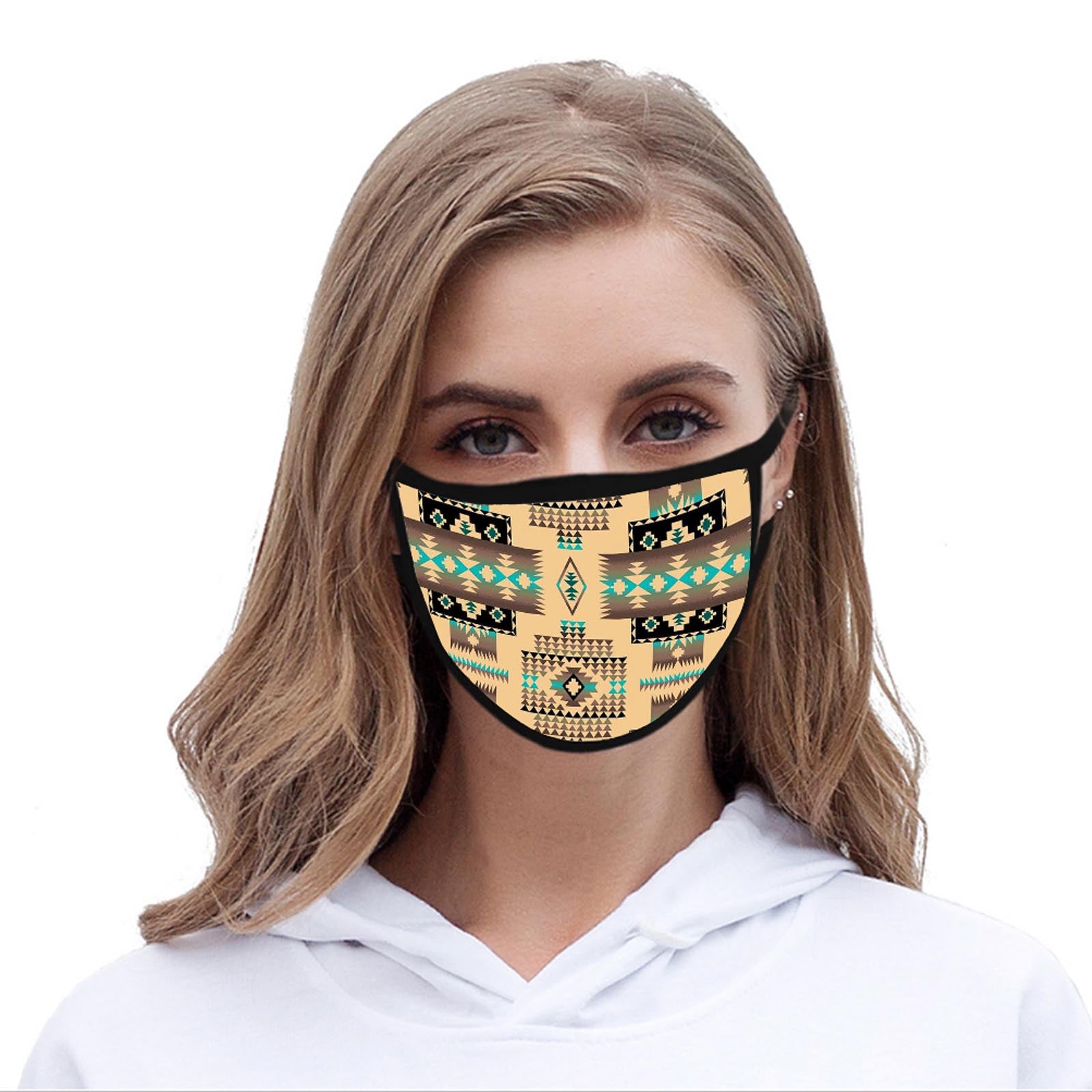 FCM-010 Coffee American Bling Aztec Print Fabric Face Mask Double Layer Set of 2