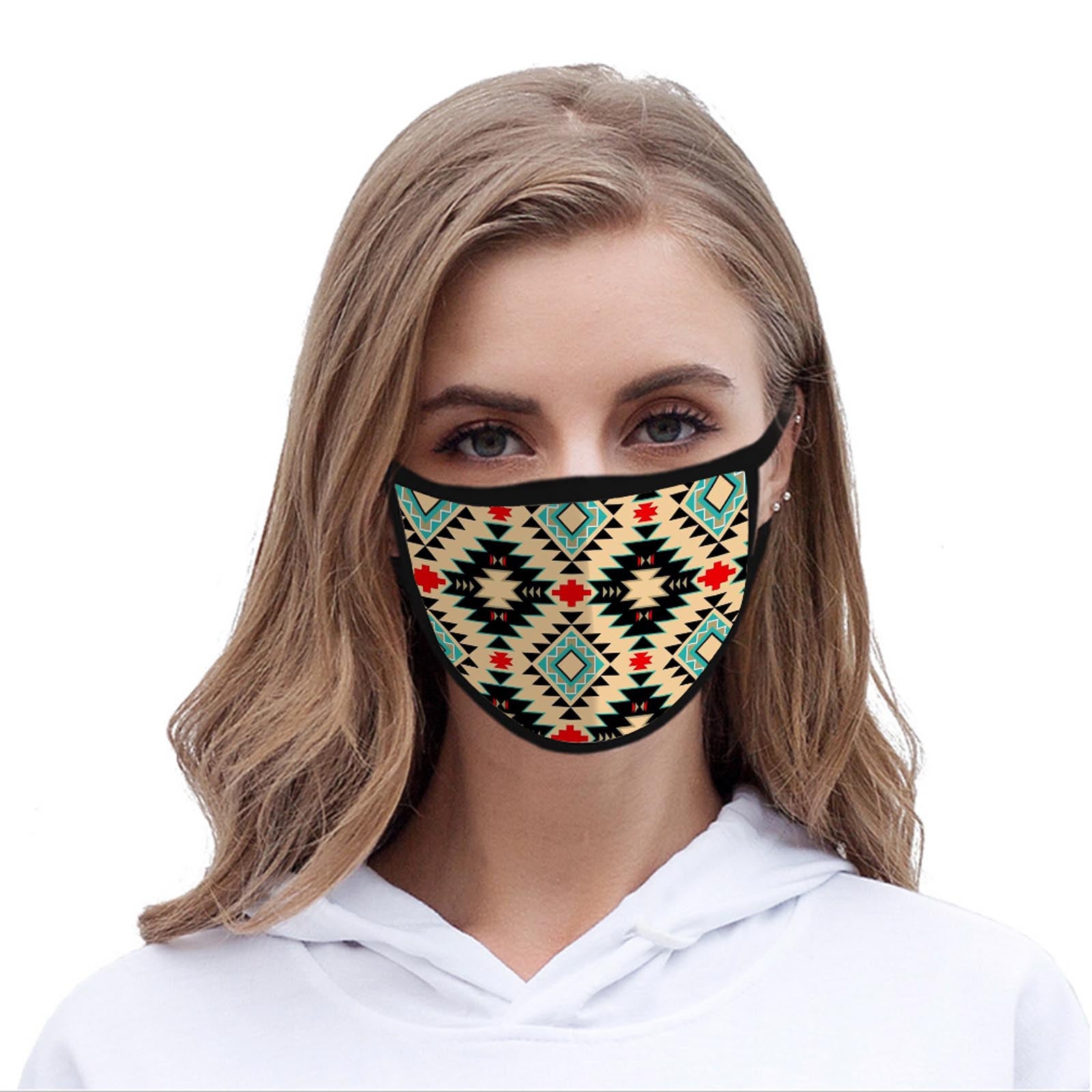 SFCM-009 American Bling Tan Aztec Print Fabric Face Mask Double Layer 1Pcs