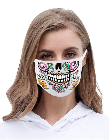 FCM-014 White Floral Sugar Skull Fabric Face Mask Double Layer Set of 2
