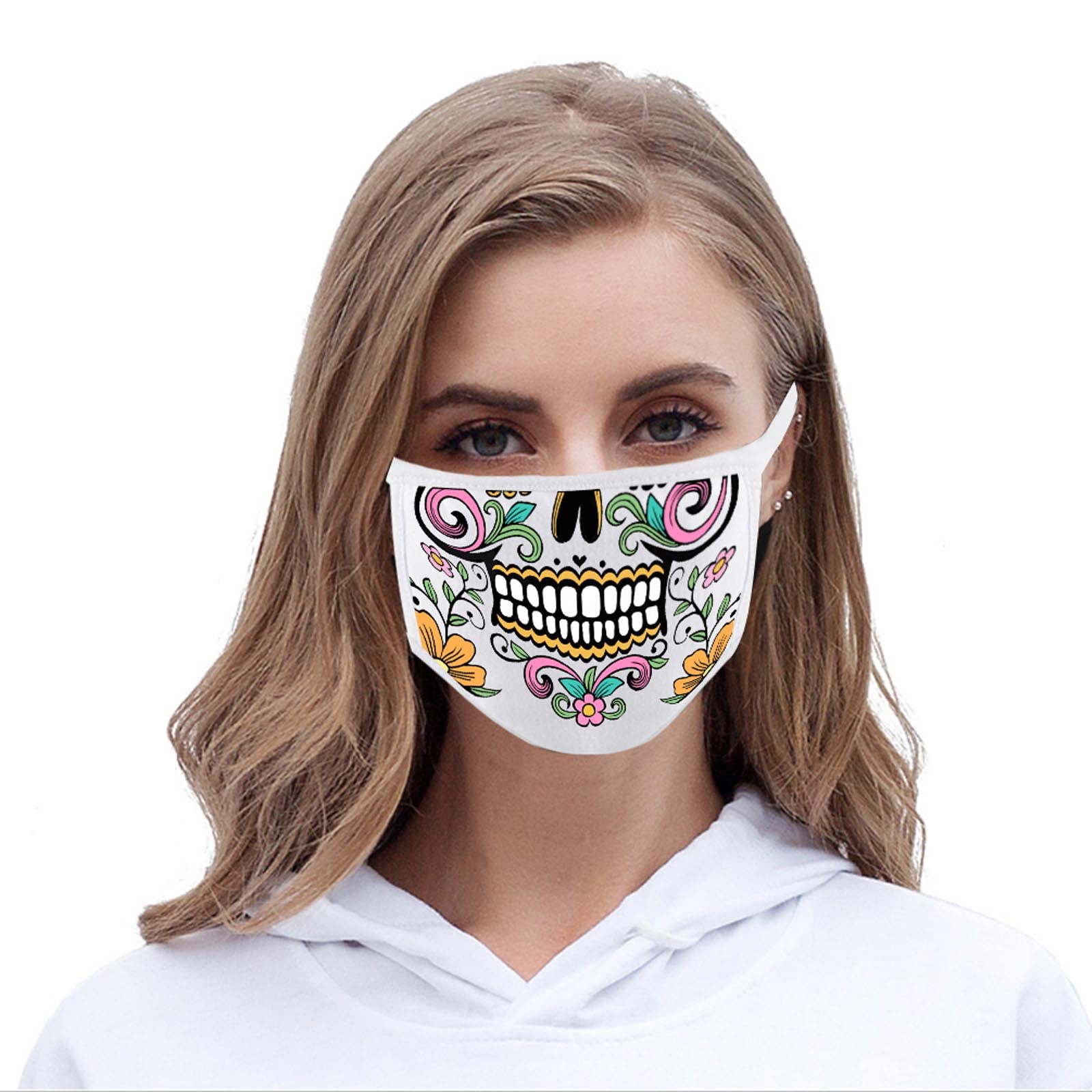 FCM-014 White Floral Sugar Skull Fabric Face Mask Double Layer Set of 2