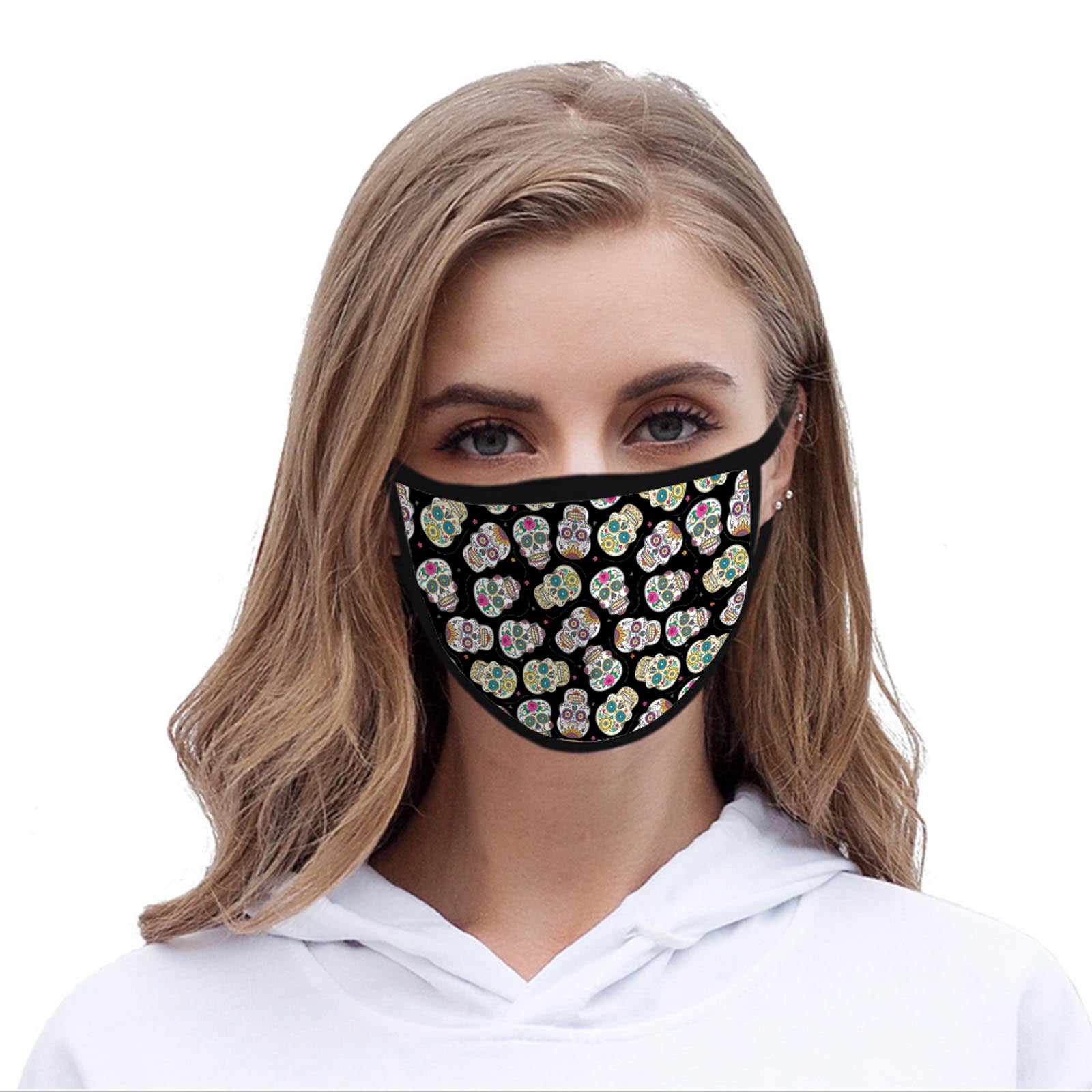 FCM-022 American Bling Black Multi Color Sugar Skull Fabric Face Mask Double Layer Set of 2