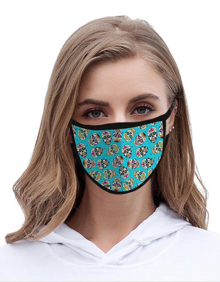 FCM-023 American Bling Turquoise Multi Color Sugar Skull Fabric Face Mask Double Layer Set of 2