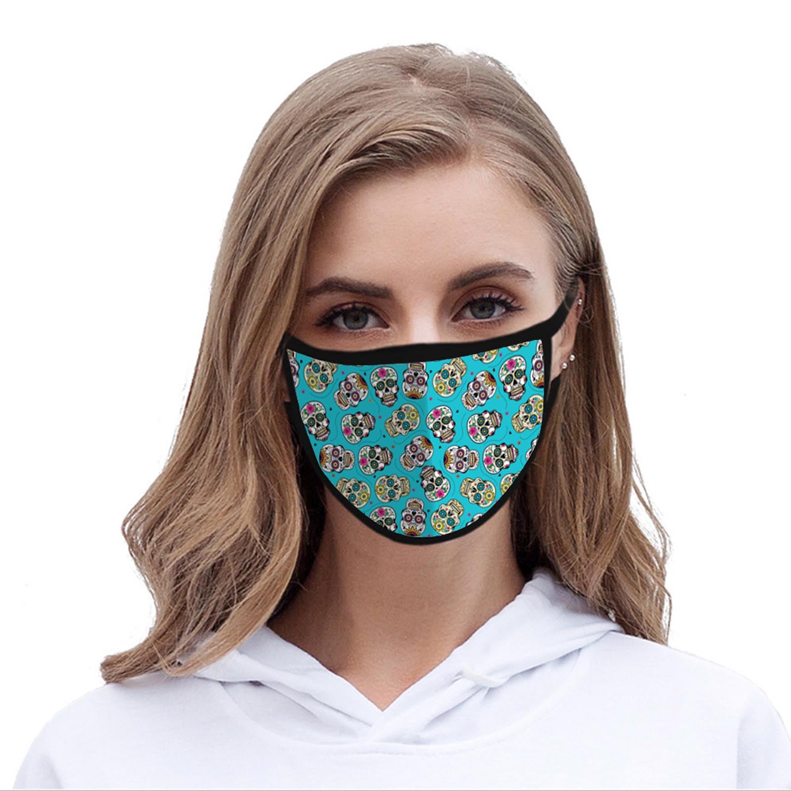 FCM-023 American Bling Turquoise Multi Color Sugar Skull Fabric Face Mask Double Layer Set of 2
