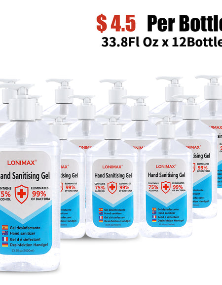 33.8 Fl Oz, Bottle of 12 Gel Hand Sanitizer with Aloe Vera Disinfectant Alcohol Liquid 75%