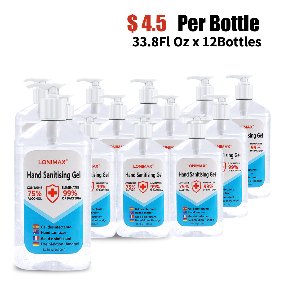 33.8 Fl Oz, Bottle of 12 Gel Hand Sanitizer with Aloe Vera Disinfectant Alcohol Liquid 75%