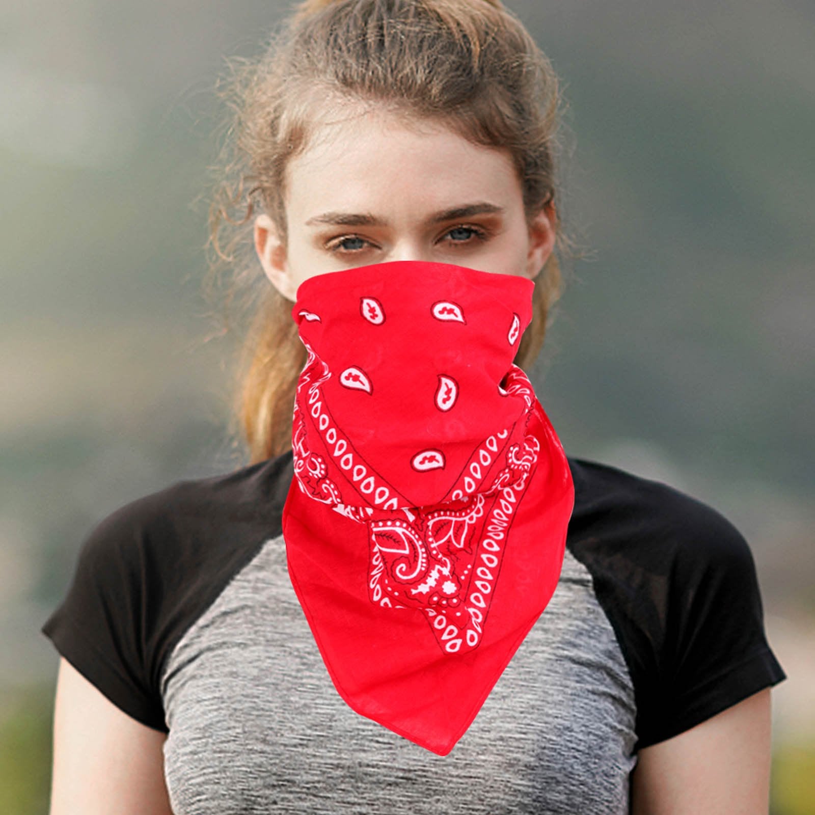 2 PCS Bandanas for Women Men, Multi-Purpose Scarf with Western Print Bandana Headband Scarf Headwear- Black & Red