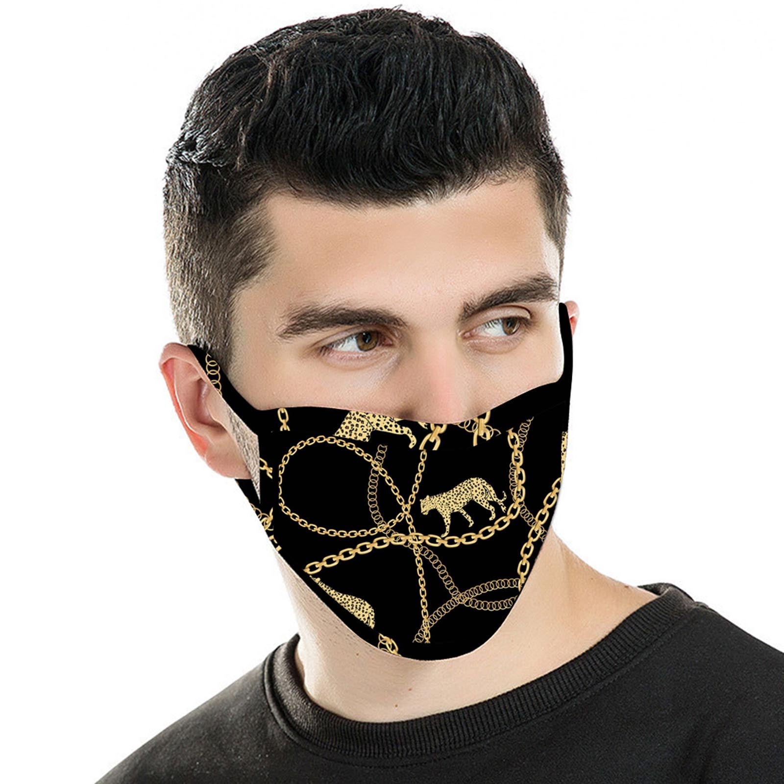 FCM-040  American Bling  Black Leopard Chain Print Cloth face Mask 1Pcs