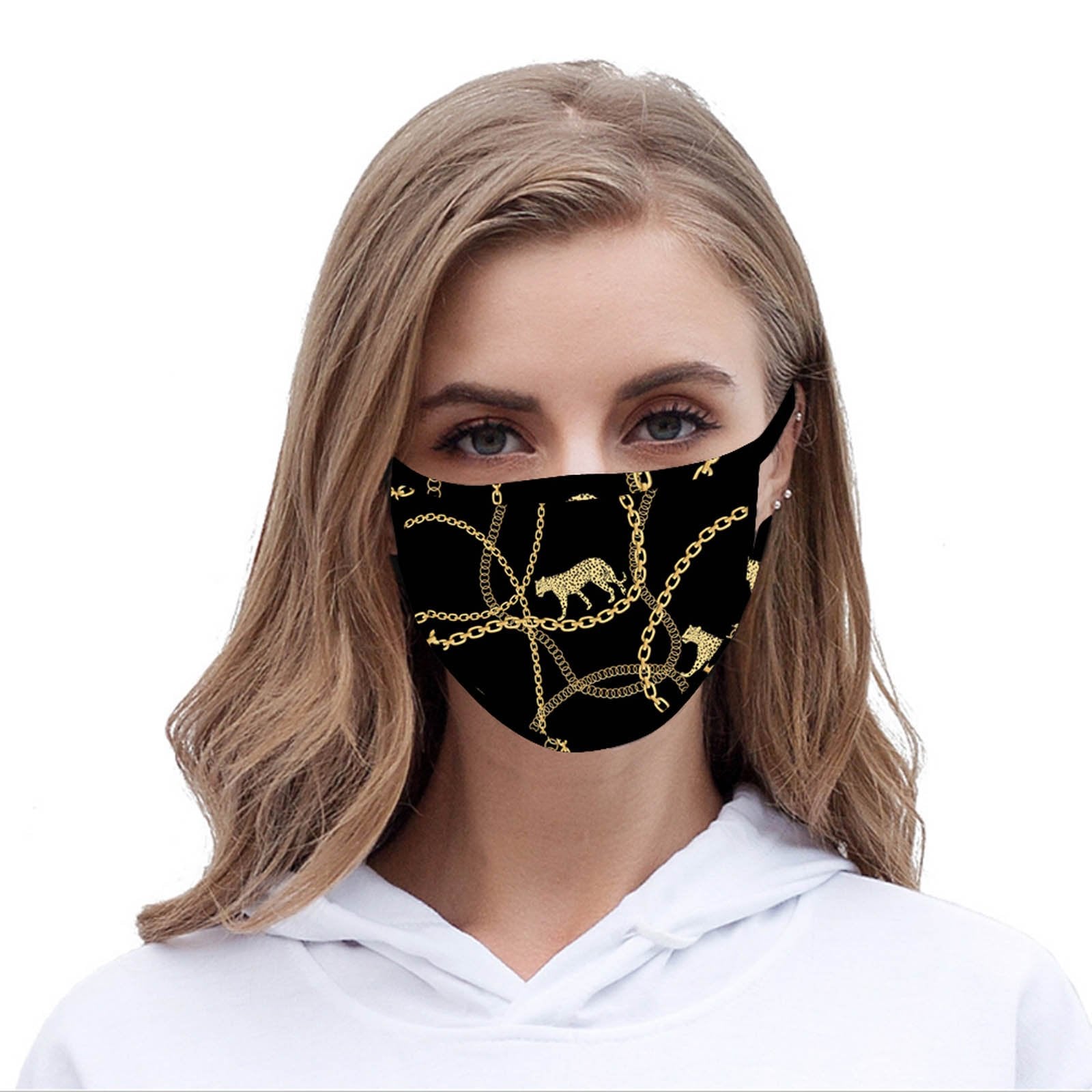 FCM-040  American Bling  Black Leopard Chain Print Cloth face Mask 1Pcs