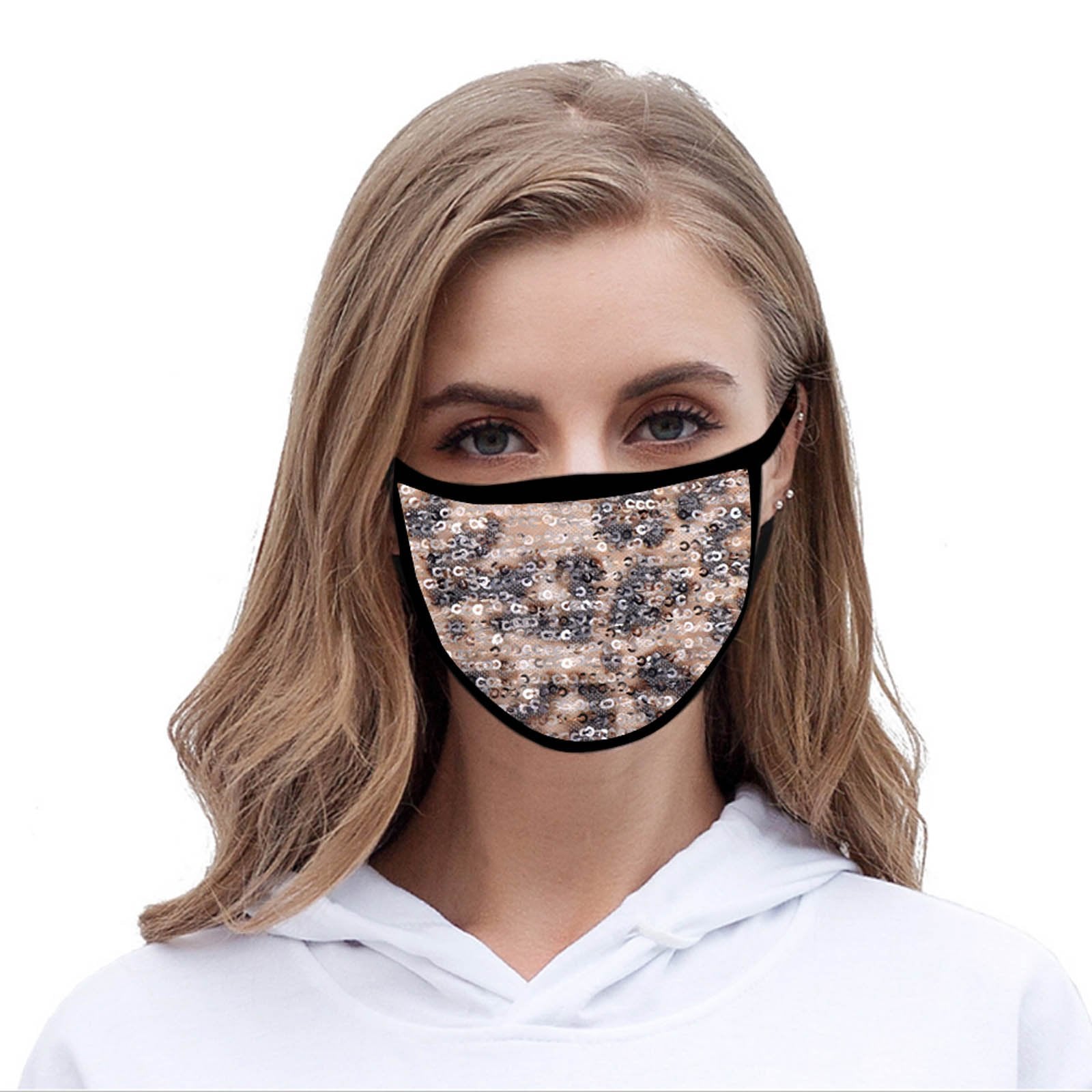 FCM-B105  American Bling Sequin Leopard Print Fabric Mask Double Layer 1Pcs Set