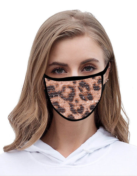 FCM-B105  American Bling Sequin Leopard Print Fabric Mask Double Layer 1Pcs Set
