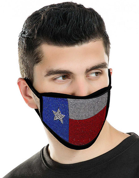 FCM-BTX01 Bling Rhinestone Mesh Texas Flag Design Double Layer Face Mask 1Pc Pack