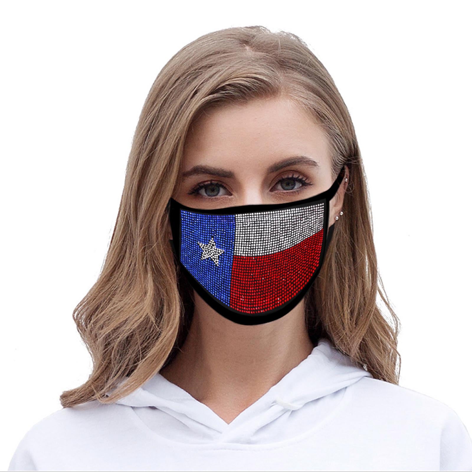 FCM-BTX01 Bling Rhinestone Mesh Texas Flag Design Double Layer Face Mask 1Pc Pack