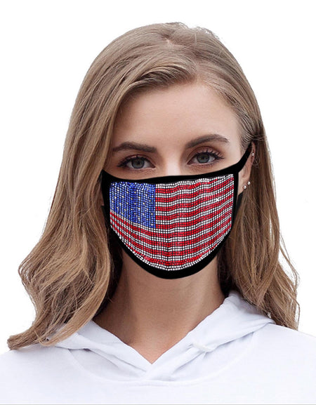 FCM-BUS01 Bling Rhinestone Mesh American Flag Design Double Layer Face Mask 1Pc Pack