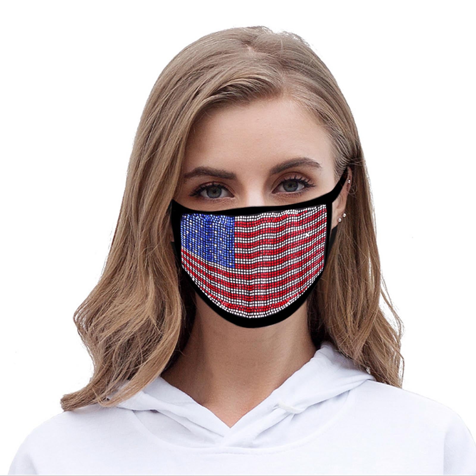 FCM-BUS01 Bling Rhinestone Mesh American Flag Design Double Layer Face Mask 1Pc Pack