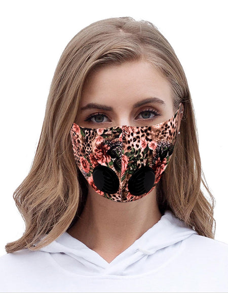 FM-7007DR  Leopard Flower Print Double Breathing Valve Single Ply Face Mask