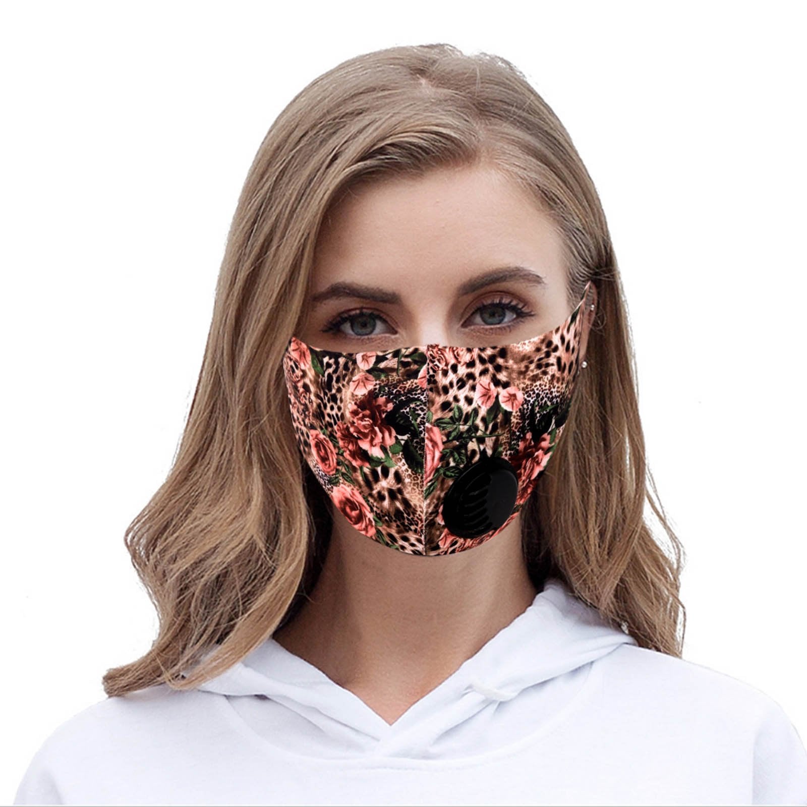 FM-7007R   Leopard Flower Print Single Breathing Valve Single Ply Face Mask