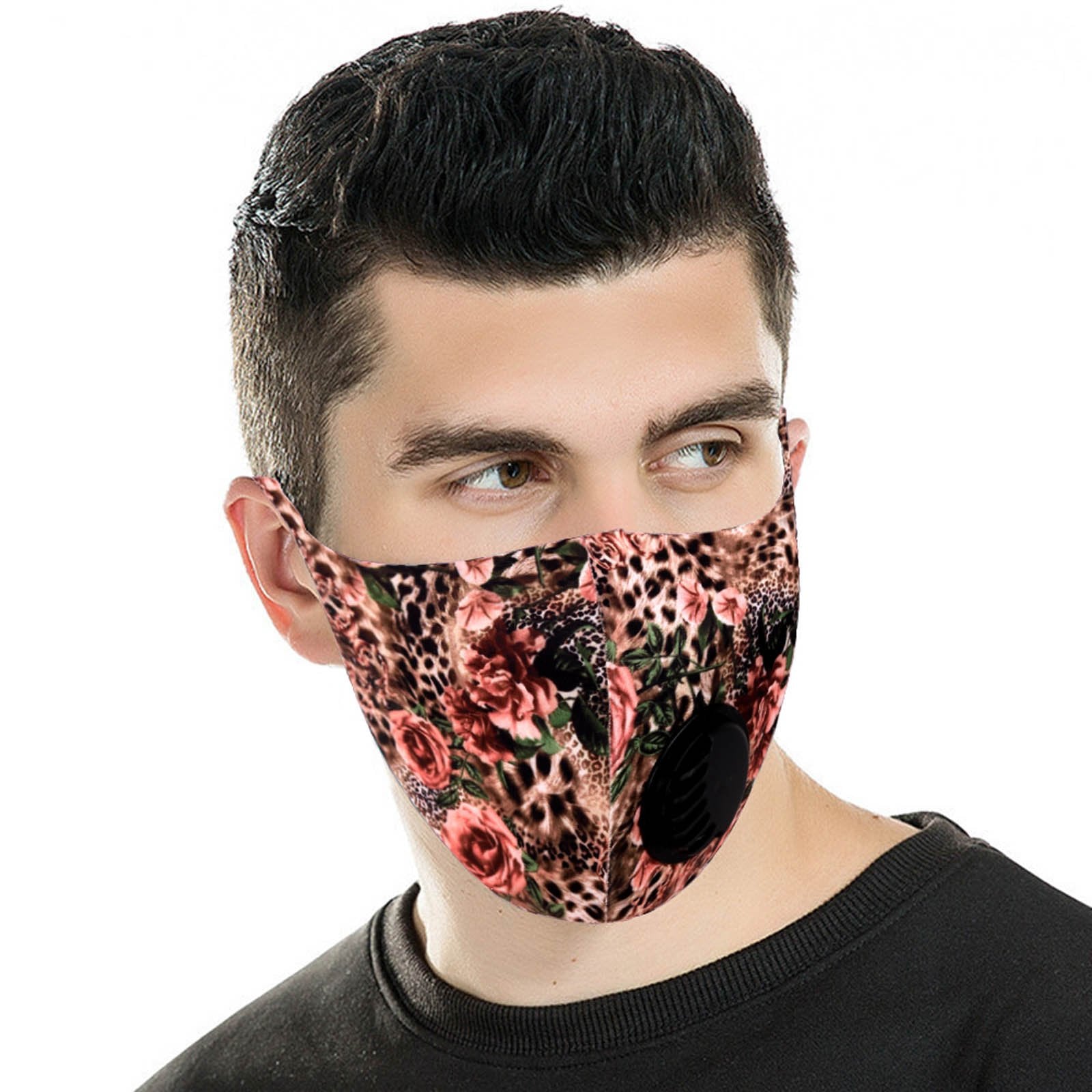 FM-7007R   Leopard Flower Print Single Breathing Valve Single Ply Face Mask