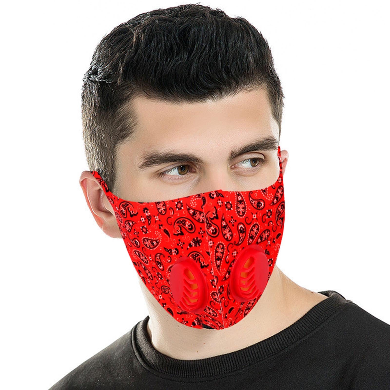 FM-7010DR  Red Paisley Print Double Breathing Valve Single Ply Face Mask