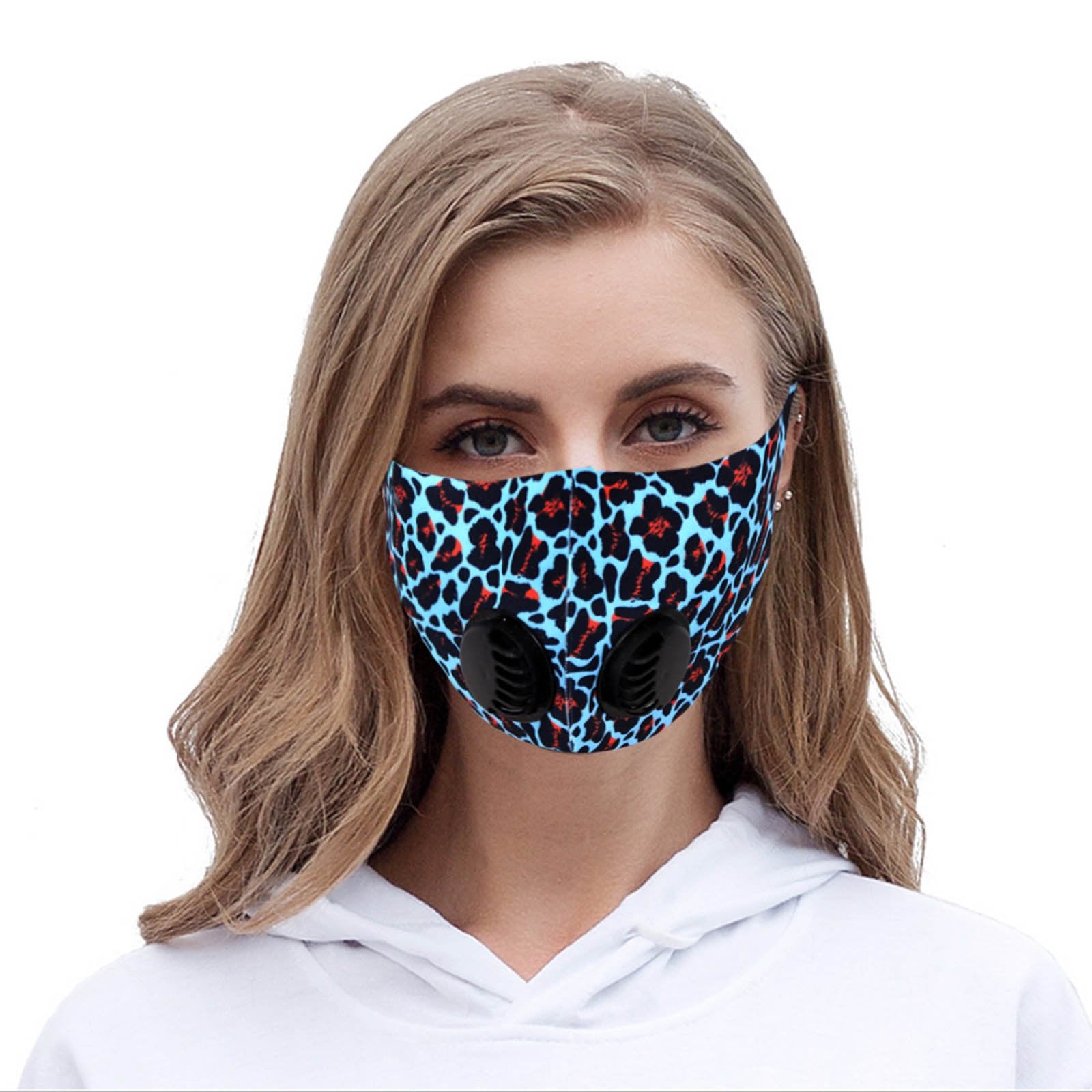 FM-7011DR  Turquoise Leopard Print Double Breathing Valve Single Ply Face Mask