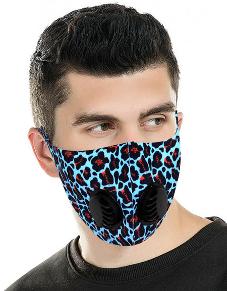 FM-7011DR  Turquoise Leopard Print Double Breathing Valve Single Ply Face Mask