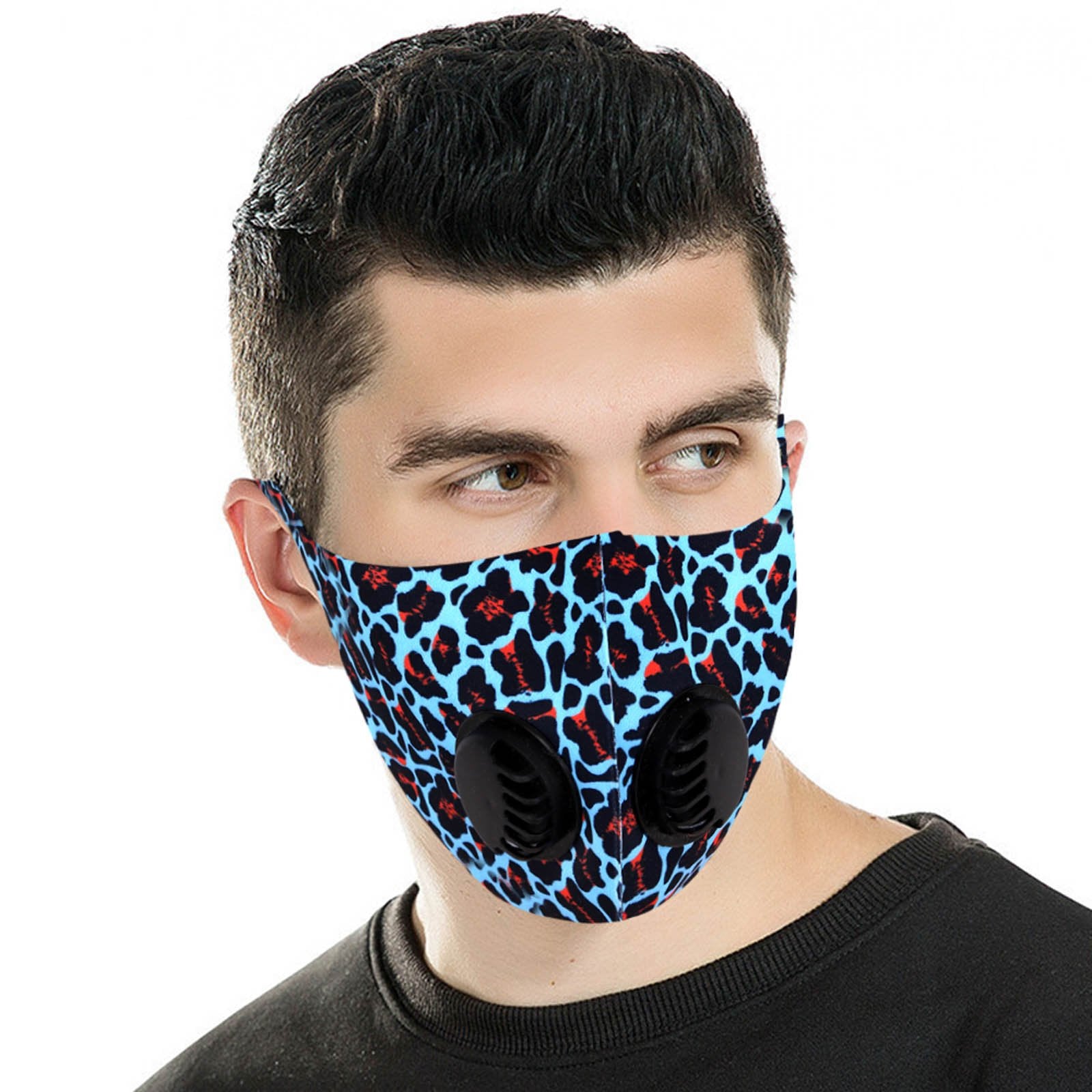 FM-7011DR  Turquoise Leopard Print Double Breathing Valve Single Ply Face Mask