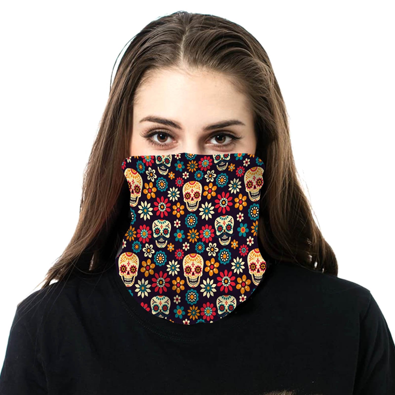 NFC-9007  Sugar Skull & Flower Print Neck Gaiter Face Mask Reusable, Washable Bandana /Head Wrap Scarf-1Pcs/Pack