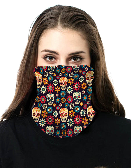 NFC-9007  Sugar Skull & Flower Print Neck Gaiter Face Mask Reusable, Washable Bandana /Head Wrap Scarf-1Pcs/Pack