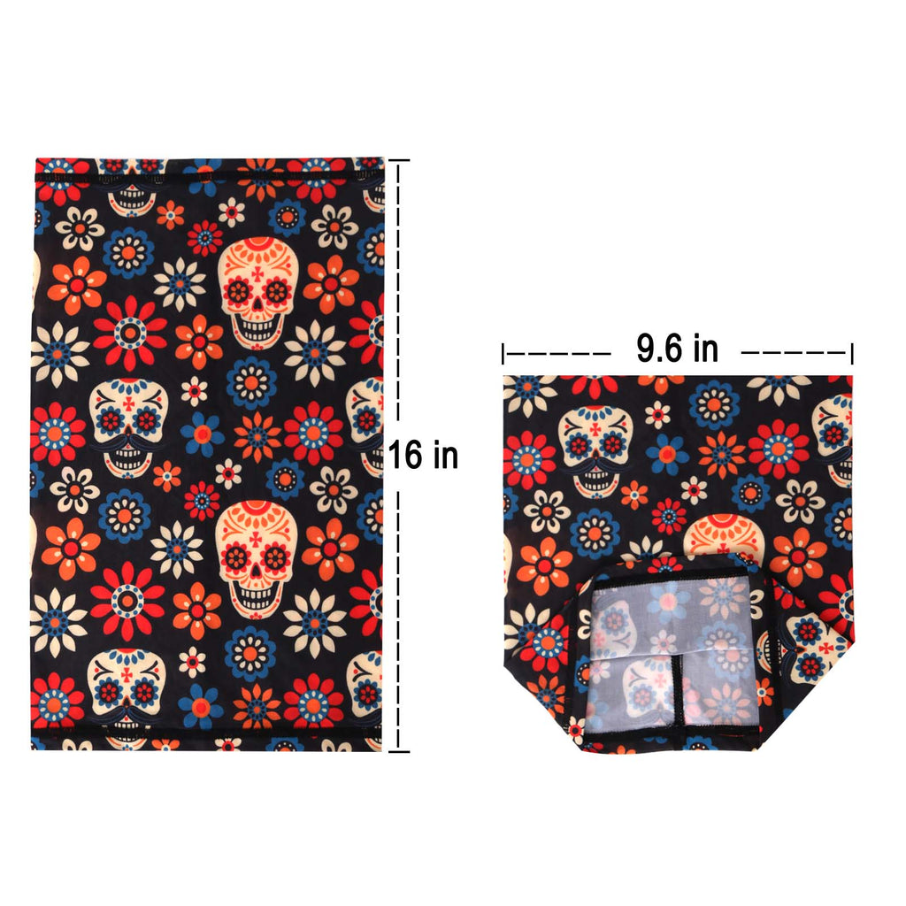 NFC-9007  Sugar Skull & Flower Print Neck Gaiter Face Mask Reusable, Washable Bandana /Head Wrap Scarf-1Pcs/Pack