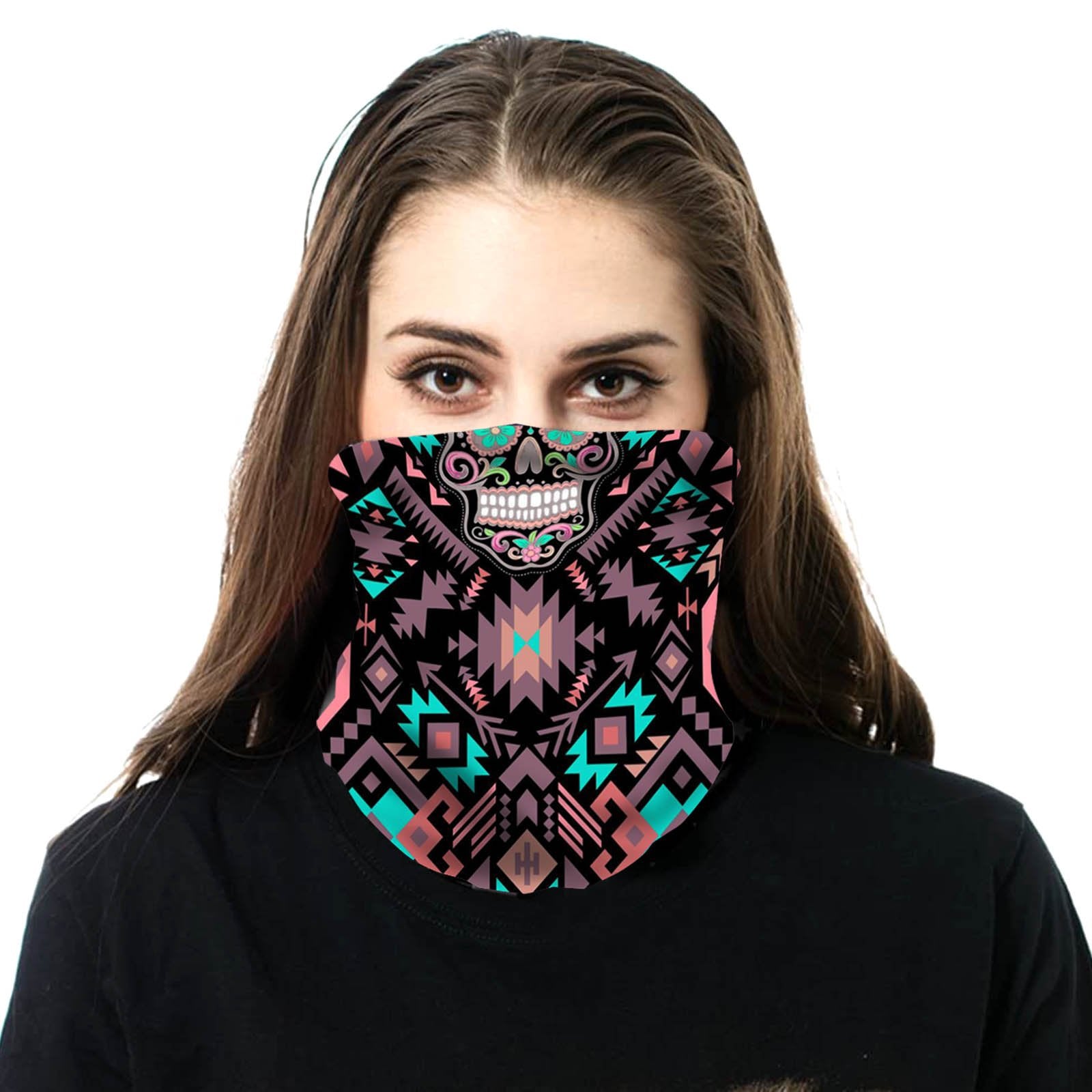 NFC-9011 Black Aztec Sugar Skull Floral Print Neck Gaiter Face Mask Reusable, Washable Bandana /Head Wrap Scarf-1Pcs/Pack