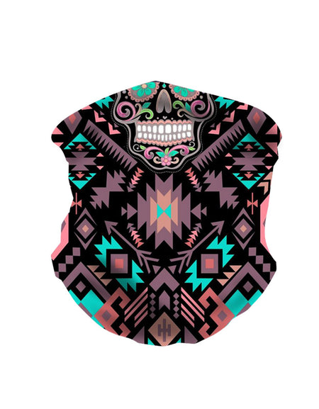 NFC-9011 Black Aztec Sugar Skull Floral Print Neck Gaiter Face Mask Reusable, Washable Bandana /Head Wrap Scarf-1Pcs/Pack