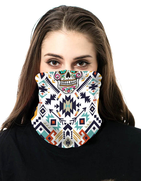 NFC-9012  White Aztec Sugar Skull Print Neck Gaiter Face Mask Reusable, Washable Bandana /Head Wrap Scarf-1Pcs/Pack