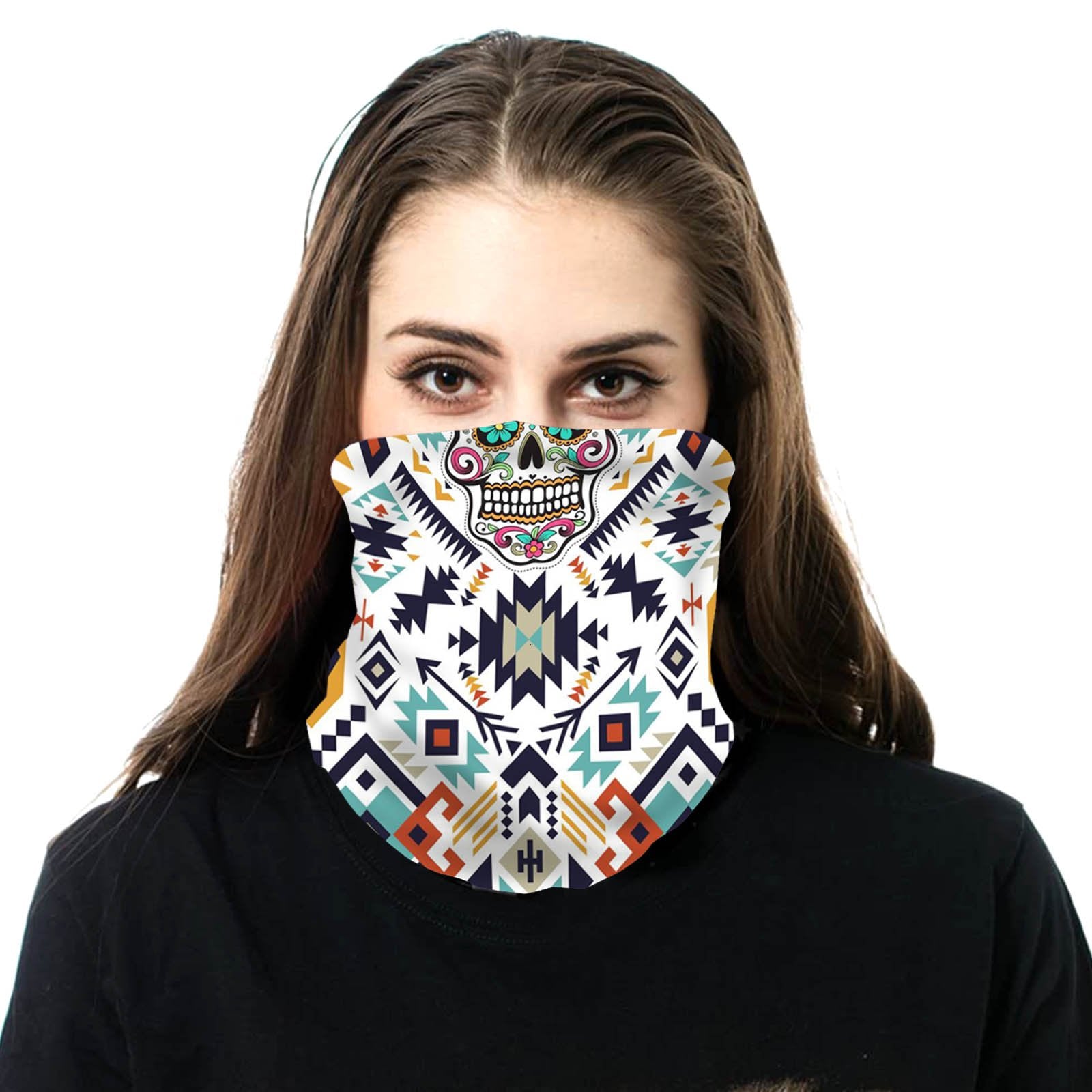 NFC-9012  White Aztec Sugar Skull Print Neck Gaiter Face Mask Reusable, Washable Bandana /Head Wrap Scarf-1Pcs/Pack