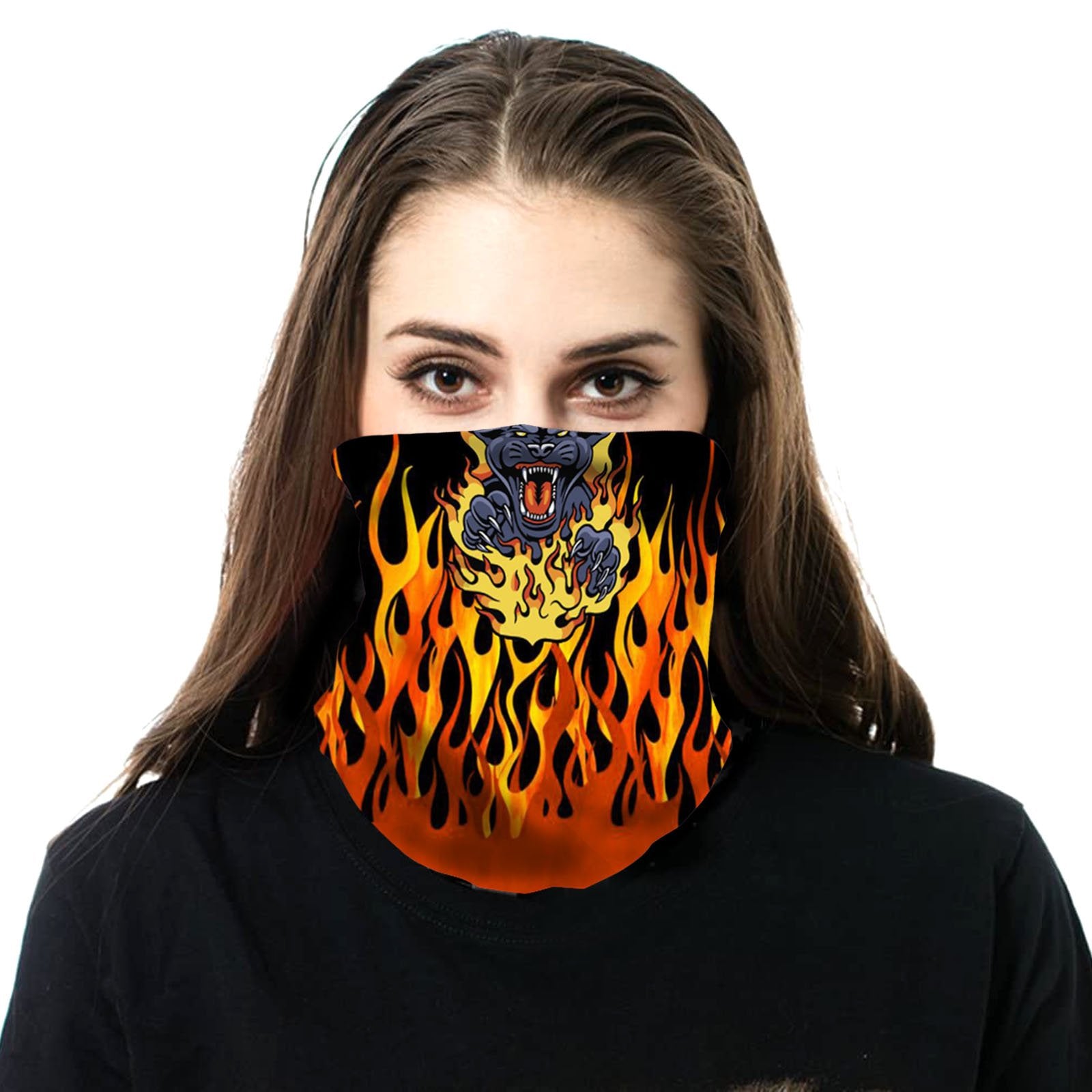 NFC-9016  Flaming Black Tiger Print Neck Gaiter Face Mask Reusable, Washable Bandana /Head Wrap Scarf-1Pcs/Pack