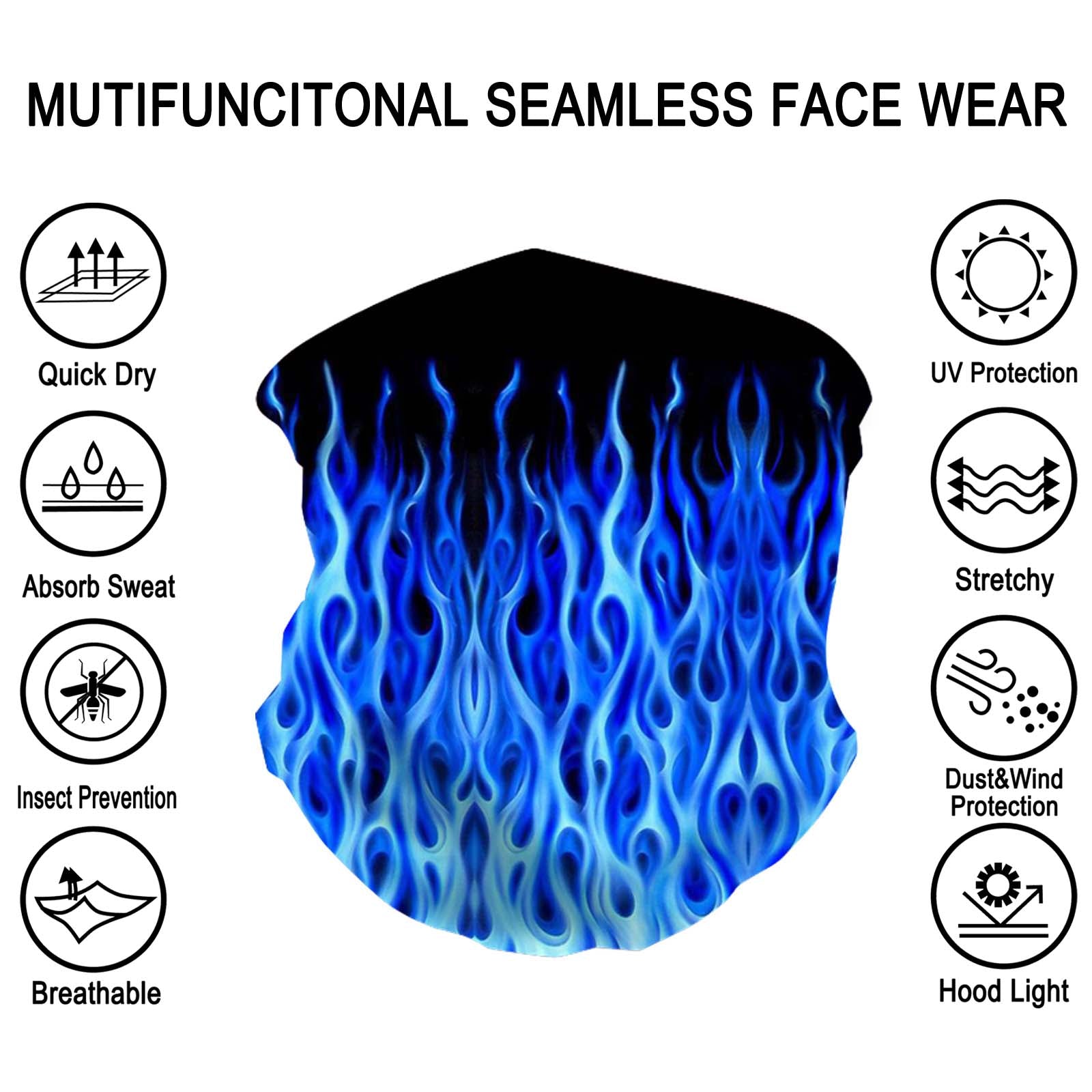 NFC-9017  Blue Flame Fire Neck Gaiter Face Mask Reusable, Washable Bandana /Head Wrap Scarf-1Pcs/Pack