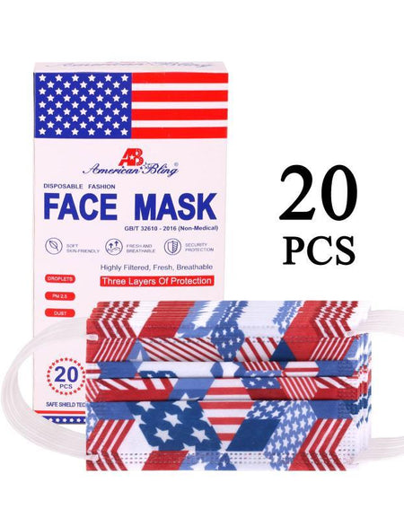 20Pcs  American Bling 20PCS/Box  American Flag Colors Print Disposable Face Masks 3 Layers Face Masks