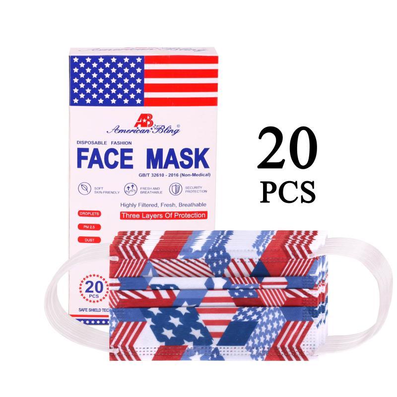 20Pcs  American Bling 20PCS/Box  American Flag Colors Print Disposable Face Masks 3 Layers Face Masks