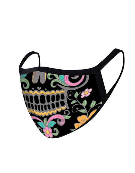 FCM-015 American Bling Black Floral Sugar Skull Fabric Face Mask Double Layer Set of 2