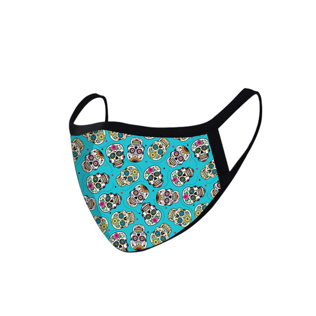 FCM-023 American Bling Turquoise Multi Color Sugar Skull Fabric Face Mask Double Layer Set of 2