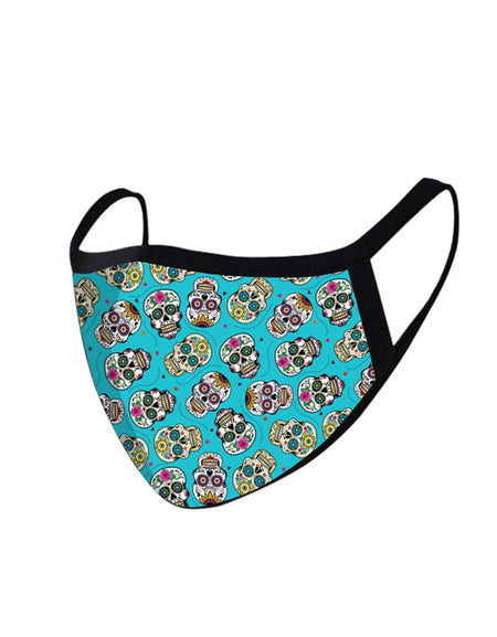 FCM-023 American Bling Turquoise Multi Color Sugar Skull Fabric Face Mask Double Layer Set of 2