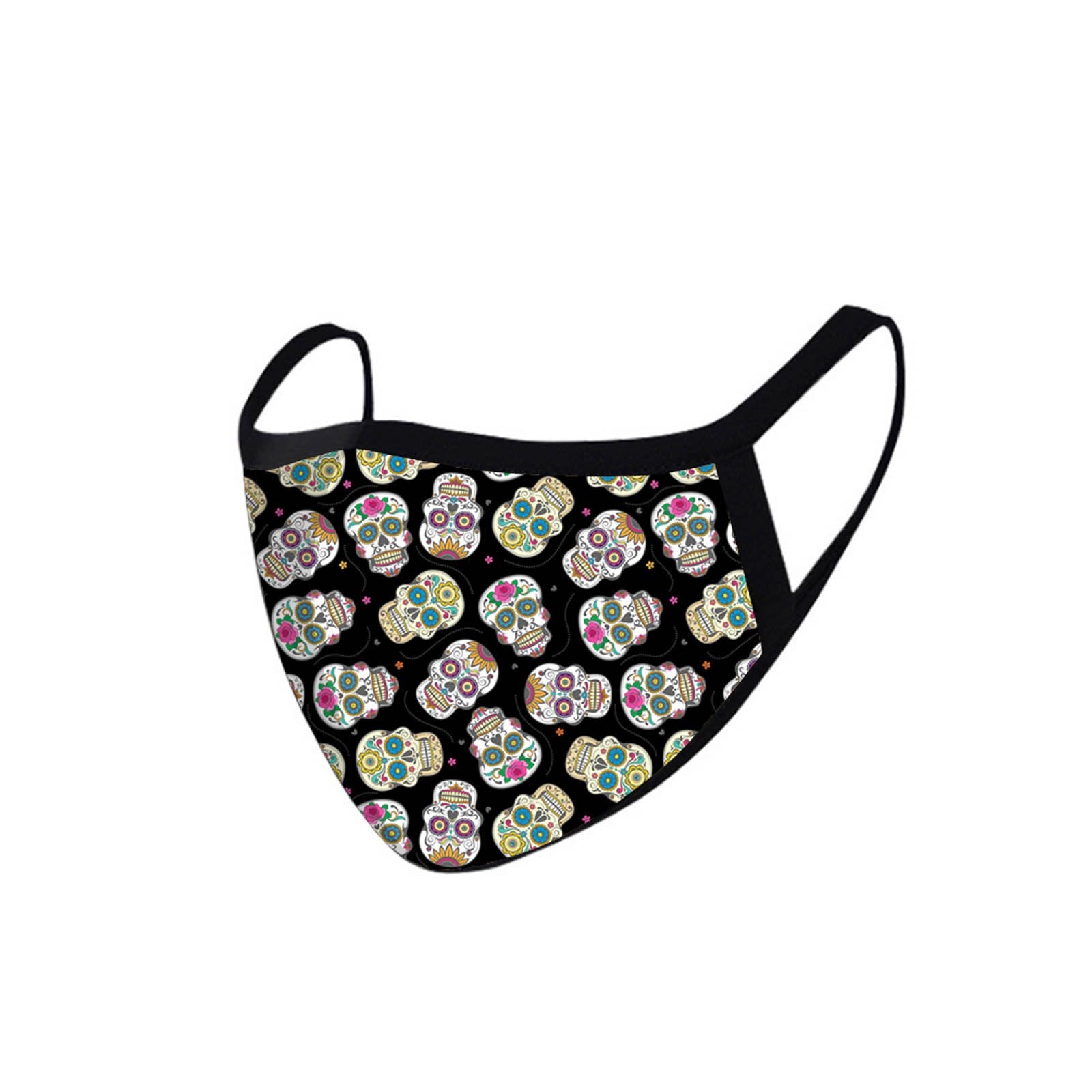 FCM-022 American Bling Black Multi Color Sugar Skull Fabric Face Mask Double Layer Set of 2