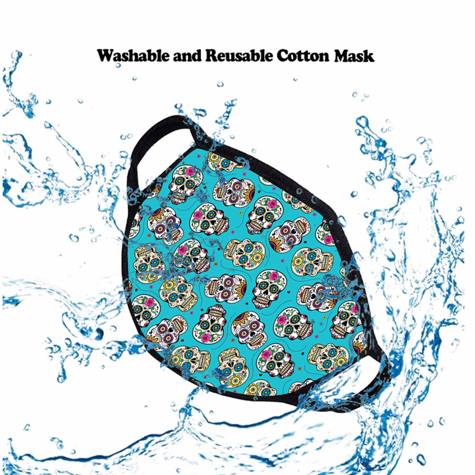 FCM-023 American Bling Turquoise Multi Color Sugar Skull Fabric Face Mask Double Layer Set of 2