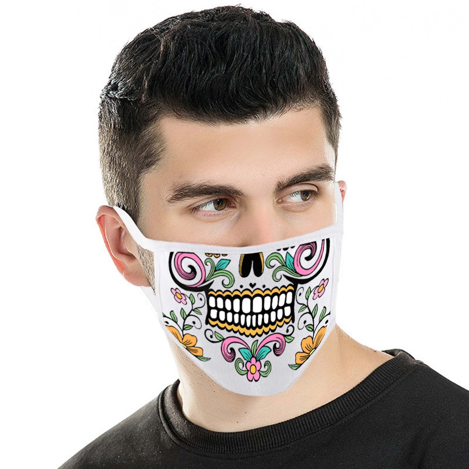 FCM-014 White Floral Sugar Skull Fabric Face Mask Double Layer Set of 2
