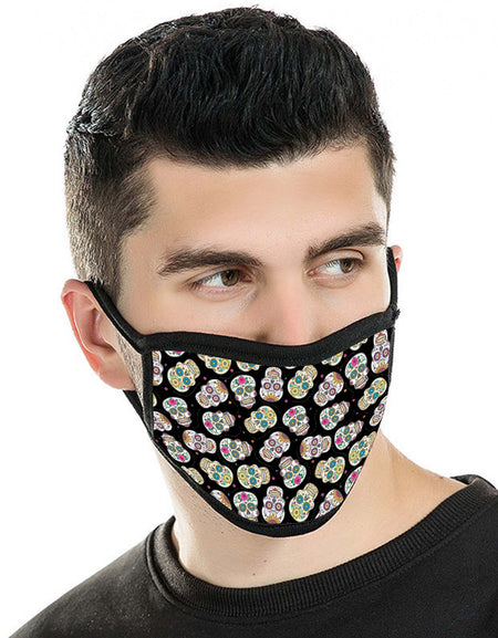 FCM-022 American Bling Black Multi Color Sugar Skull Fabric Face Mask Double Layer Set of 2