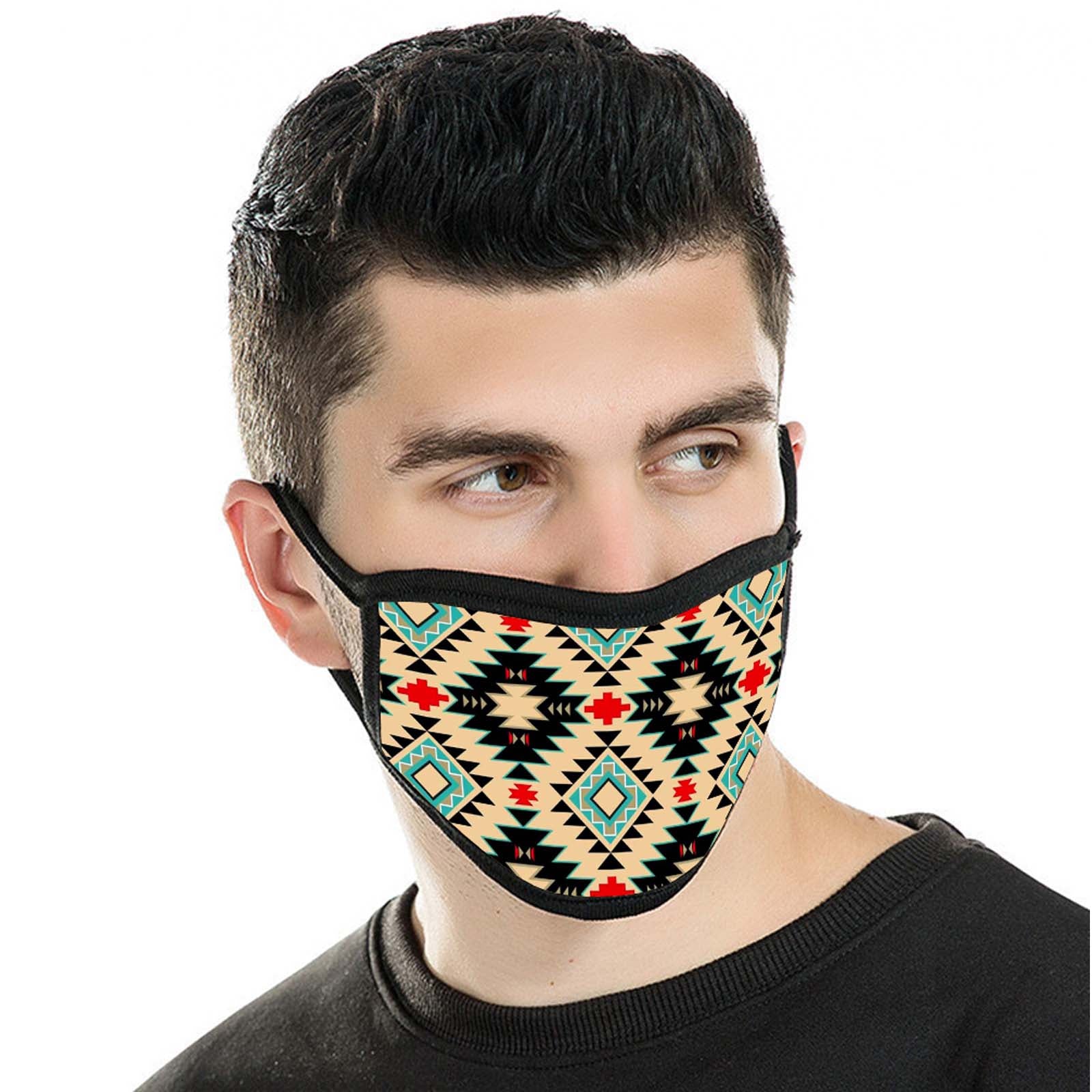 SFCM-009 American Bling Tan Aztec Print Fabric Face Mask Double Layer 1Pcs