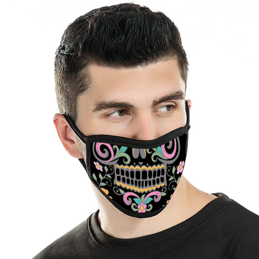 FCM-015 American Bling Black Floral Sugar Skull Fabric Face Mask Double Layer Set of 2