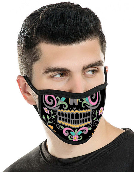 FCM-015 American Bling Black Floral Sugar Skull Fabric Face Mask Double Layer Set of 2