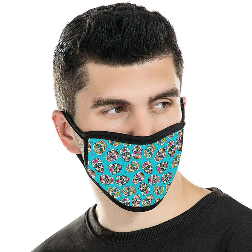 FCM-023 American Bling Turquoise Multi Color Sugar Skull Fabric Face Mask Double Layer Set of 2