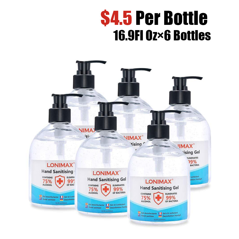 16.9 Fl Oz, Bottle of 6 Gel Hand Sanitizer with Aloe Vera  Disinfectant Alcohol Liquid 75%